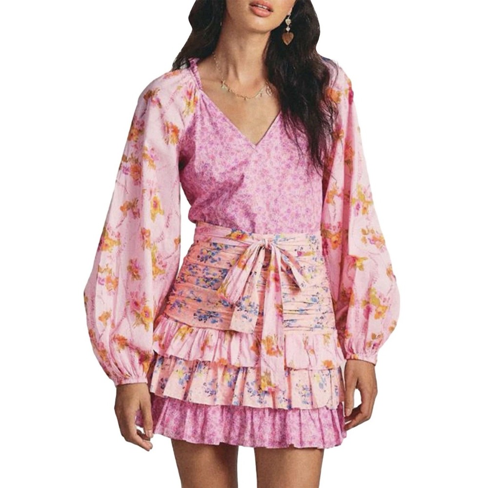 R. Vivimos Dress Women's Large Pink Mini Tiered Long Sleeve Boho Floral New